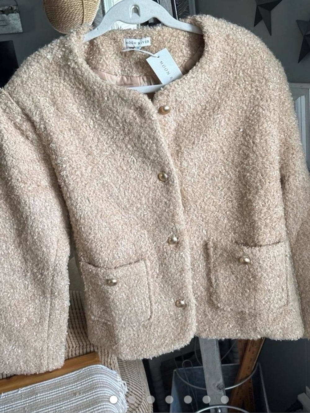 Moon River Cream Bouclé Teddy Jacket with Pearl Buttons